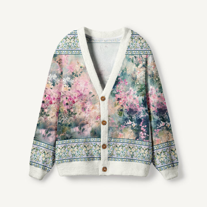 Cardigan lavorato a maglia con bottoni, in stile boho, con motivo floreale da giardino in acquerello