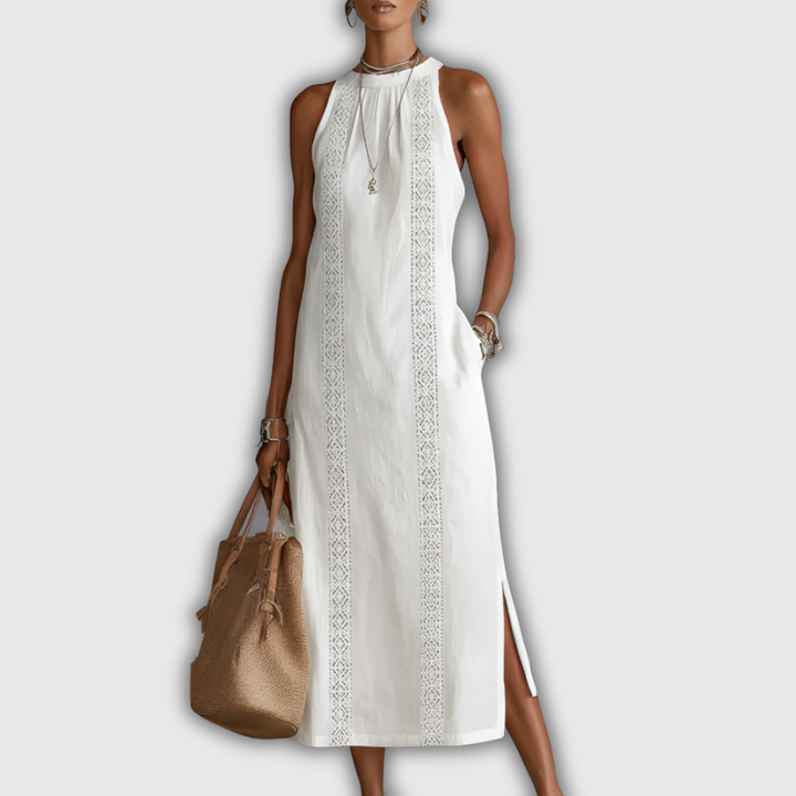 Jimena | Vestito Midi in Cotone e Lino con Collo alla Cinese