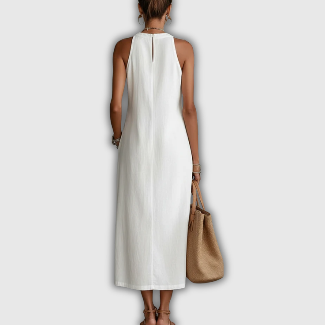 Jimena | Vestito Midi in Cotone e Lino con Collo alla Cinese