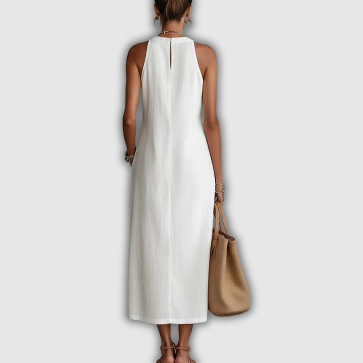 Jimena | Vestito Midi in Cotone e Lino con Collo alla Cinese