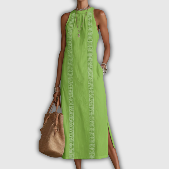 Jimena | Vestito Midi in Cotone e Lino con Collo alla Cinese