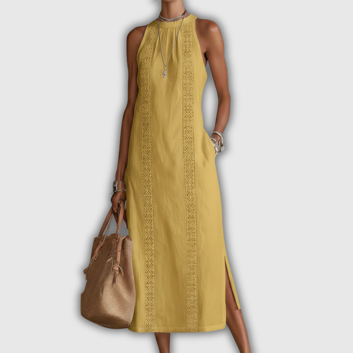 Jimena | Vestito Midi in Cotone e Lino con Collo alla Cinese