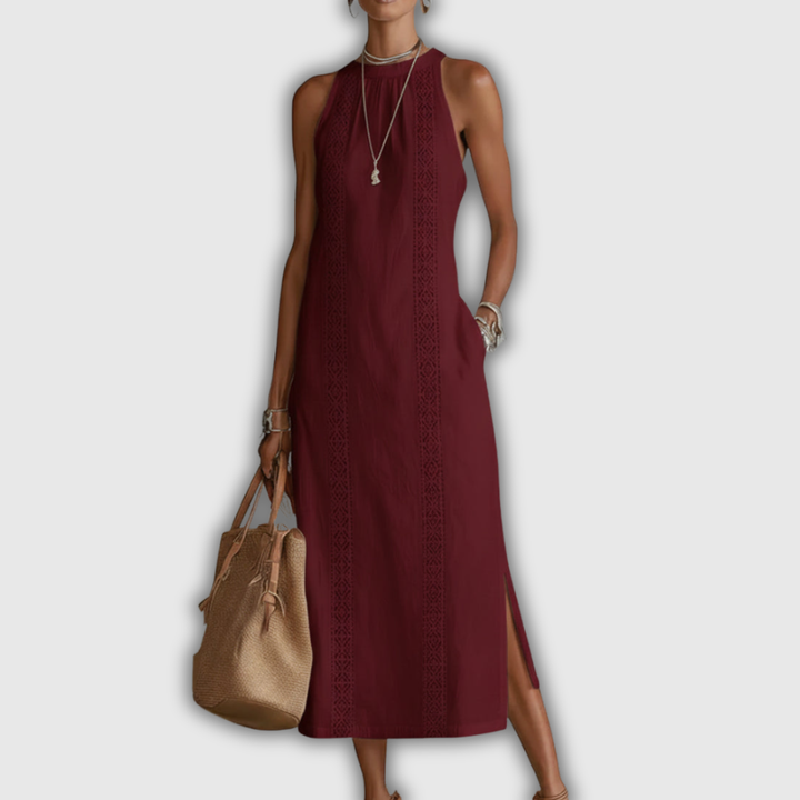 Jimena | Vestito Midi in Cotone e Lino con Collo alla Cinese