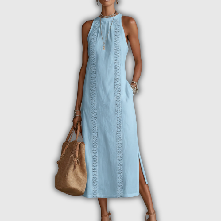 Jimena | Vestito Midi in Cotone e Lino con Collo alla Cinese