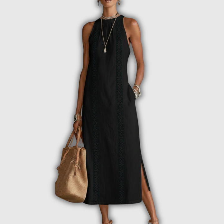 Jimena | Vestito Midi in Cotone e Lino con Collo alla Cinese