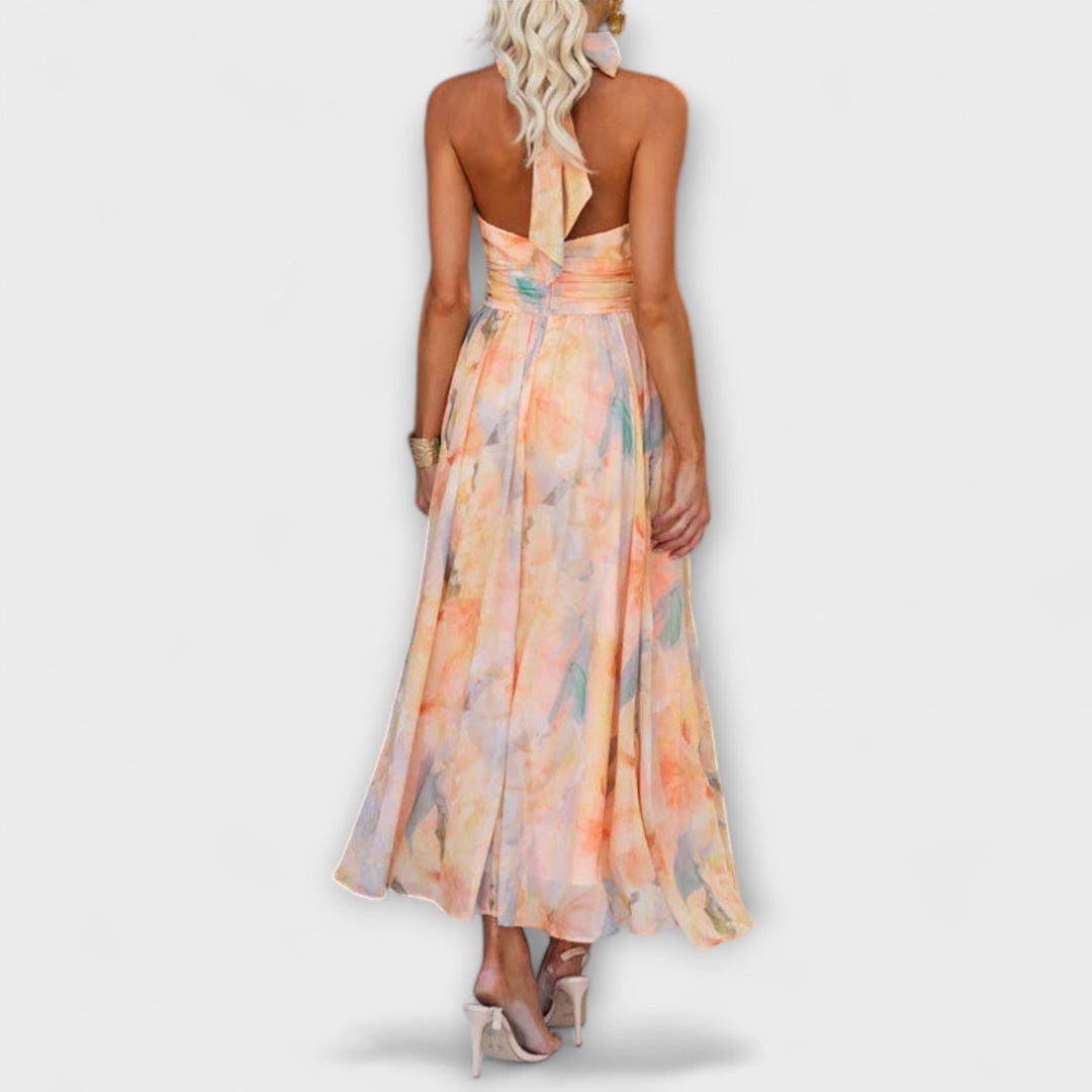 Abito Maxi con Stampa Acquerello e Scollo All&