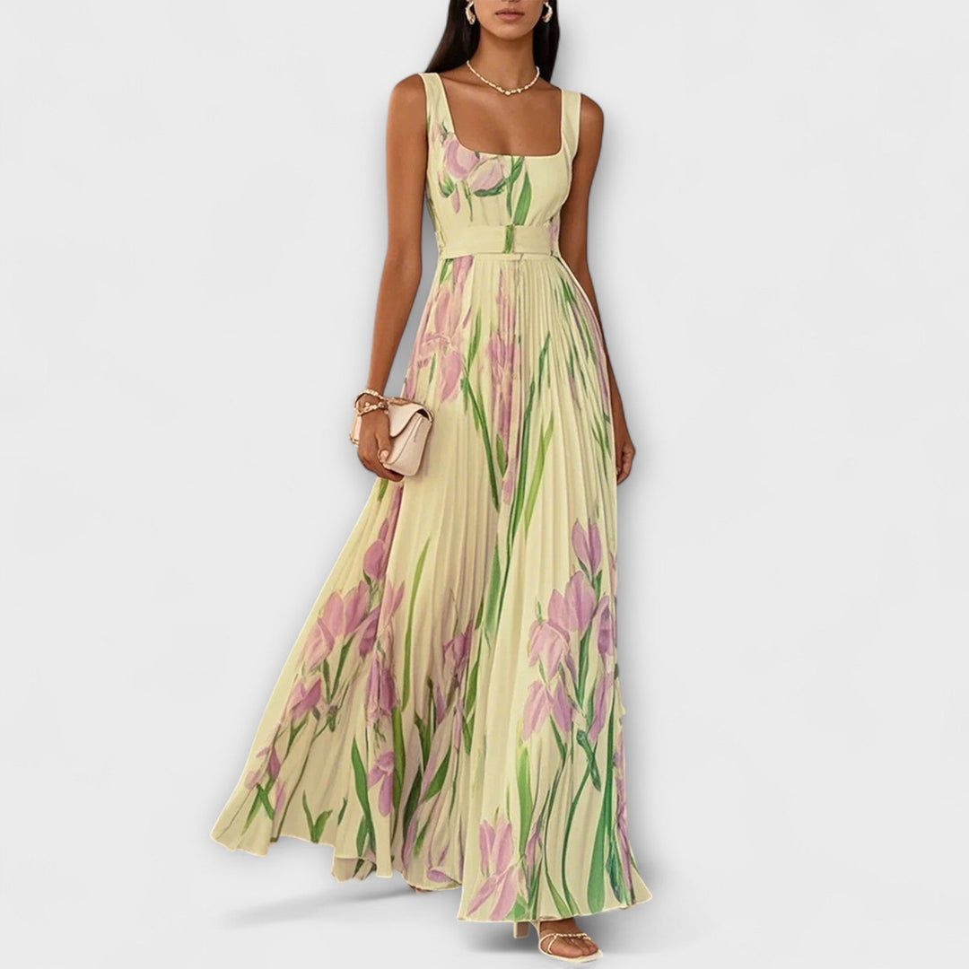 Rosalind | Abito Maxi in Chiffon a Fiori Plissettato con Cintura in Vita