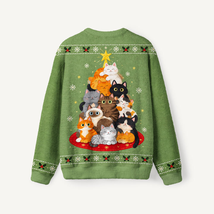 Maglione Natalizio Girocollo con Gatto Festoso e Albero di Natale