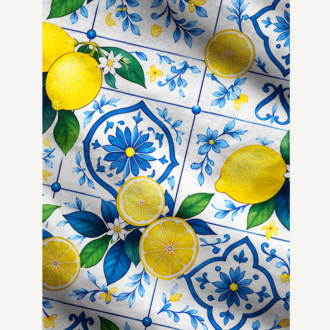 Cardigan lavorato a maglia con piastrelle in stile mediterraneo e motivi di limoni