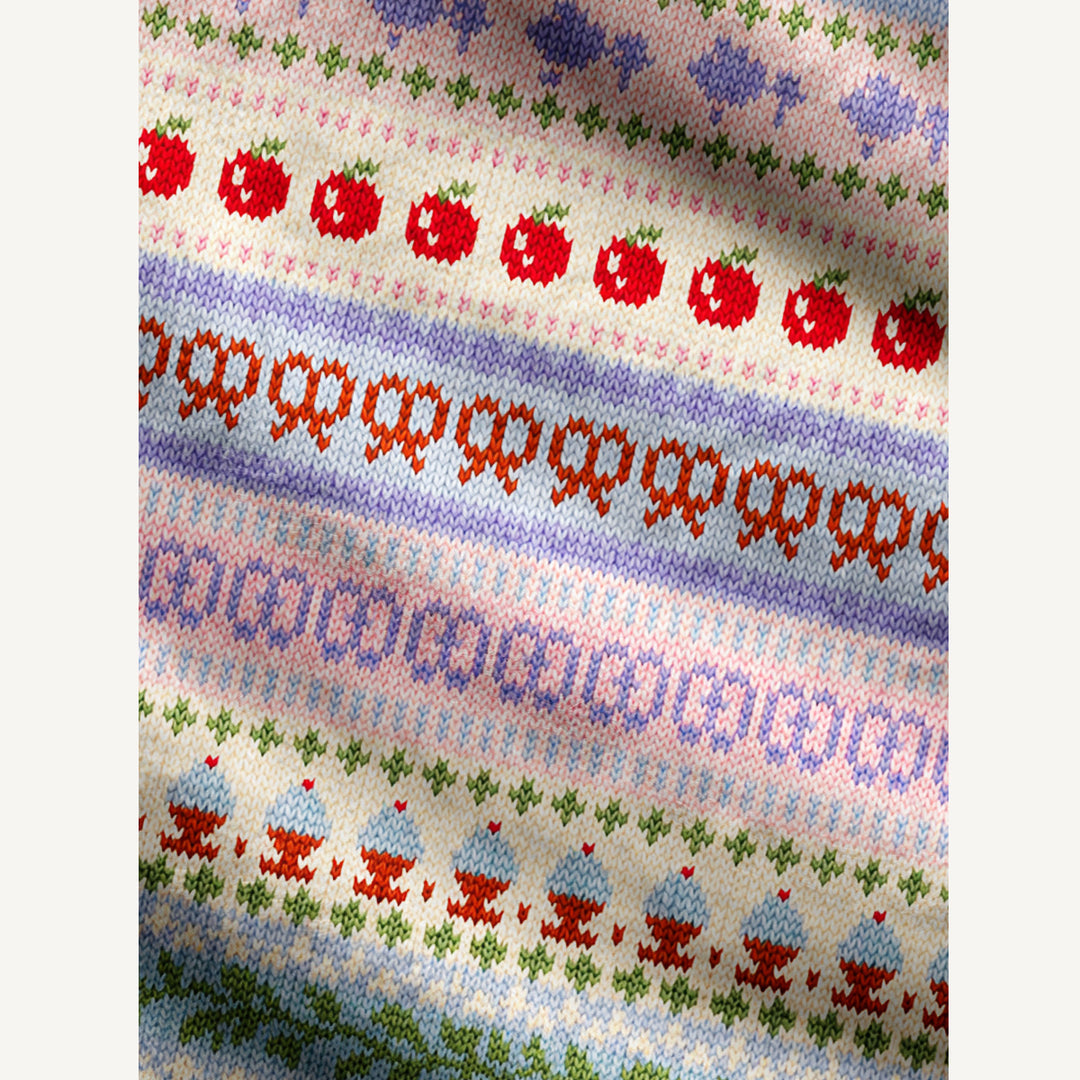 Cardigan lavorato a maglia Fiori di fragola e motivi geometrici