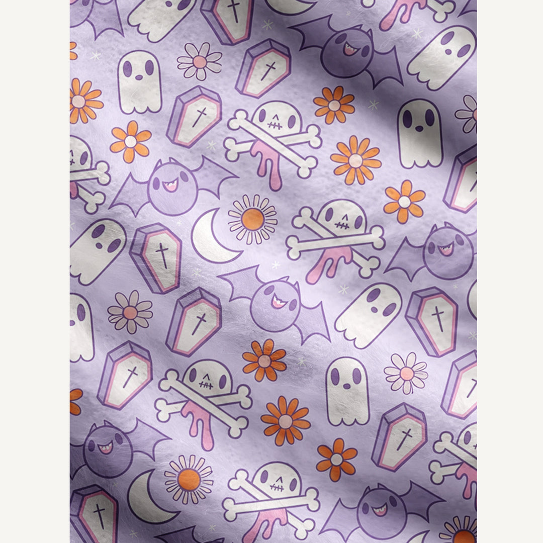 Cardigan in maglia stile boho per Halloween con motivo “giardino di lavanda e fantasma”