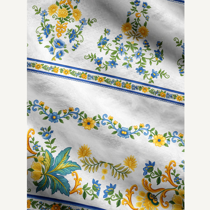 Cardigan lavorato a maglia con ricami botanici blu e gialli