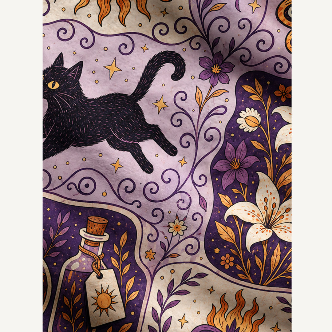Cardigan lavorato a maglia in stile boho con stampa di gatti di Halloween e motivi botanici