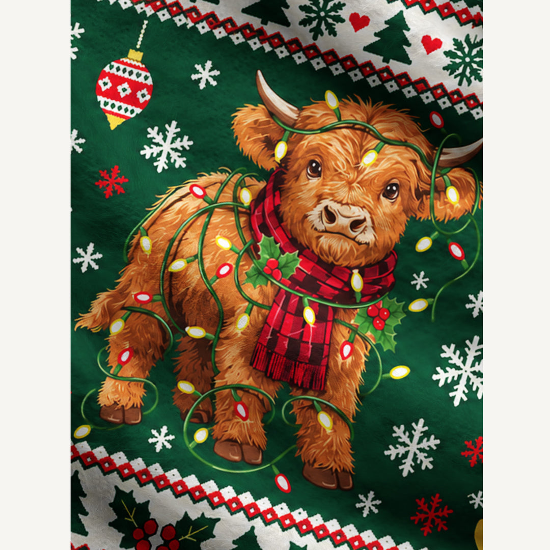 Maglione Natalizio Girocollo con Mucca e Fiocchi di Neve