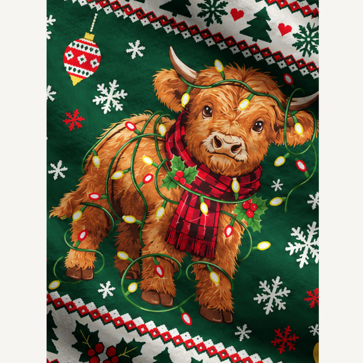 Maglione Natalizio Girocollo con Mucca e Fiocchi di Neve