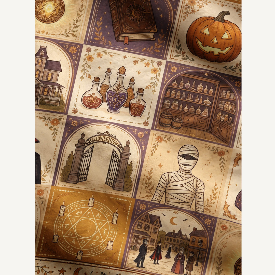 Cardigan lavorato a maglia in patchwork con motivi ispirati al mitico villaggio di Halloween