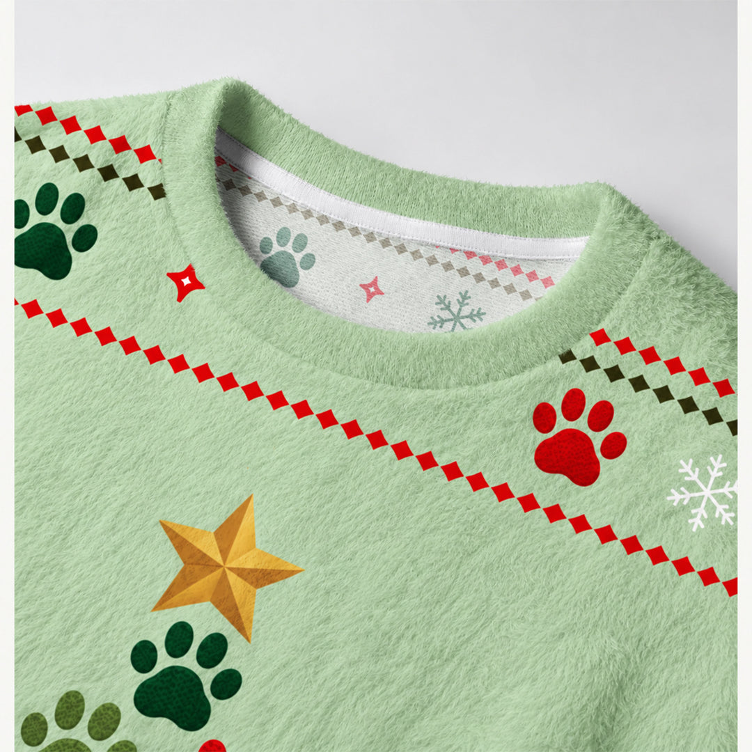 Maglione Natalizio Girocollo con Impronta di Zampa di Gatto e Albero di Natale