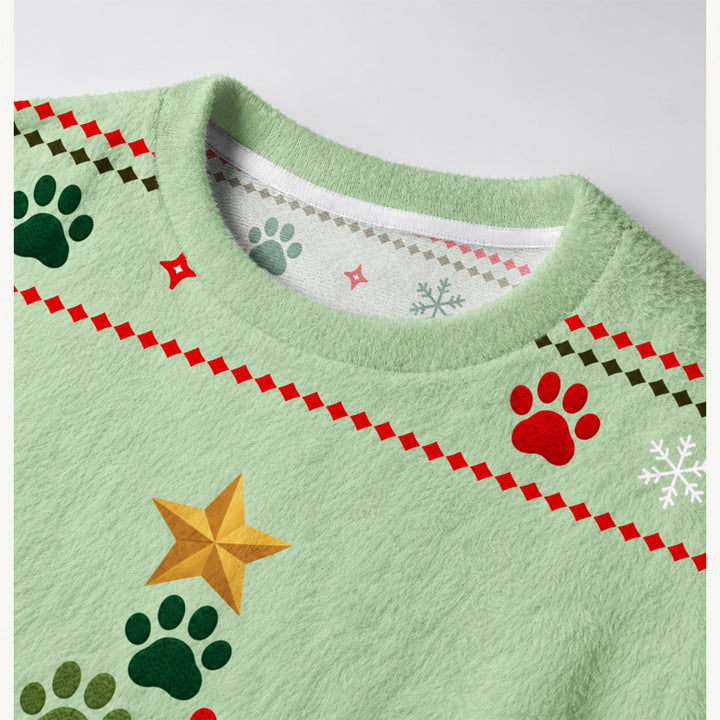 Maglione Natalizio Girocollo con Impronta di Zampa di Gatto e Albero di Natale