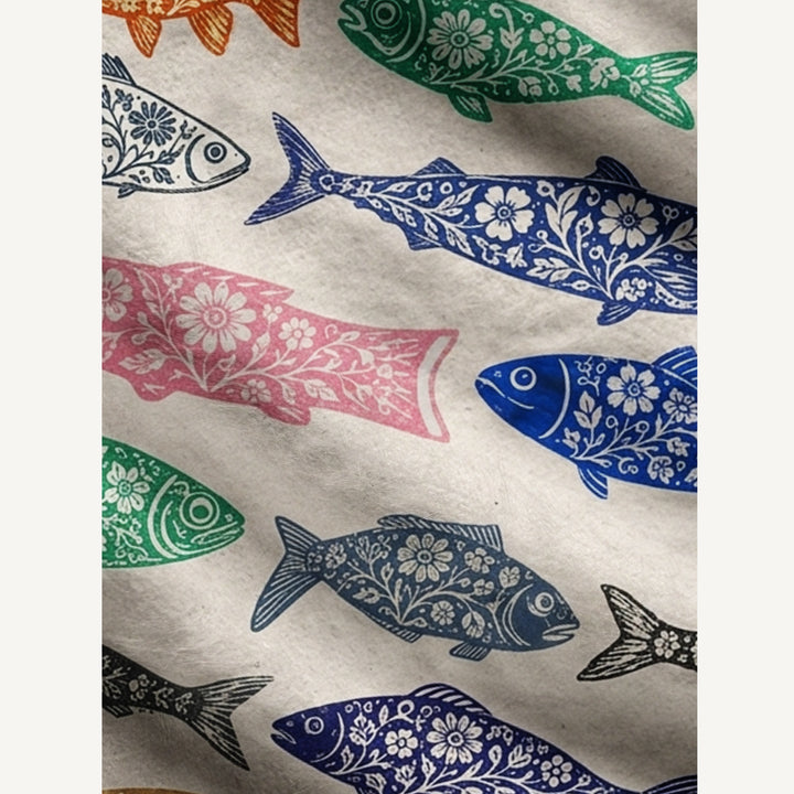 Cardigan lavorato a maglia boho con stampa di pesci floreali colorati