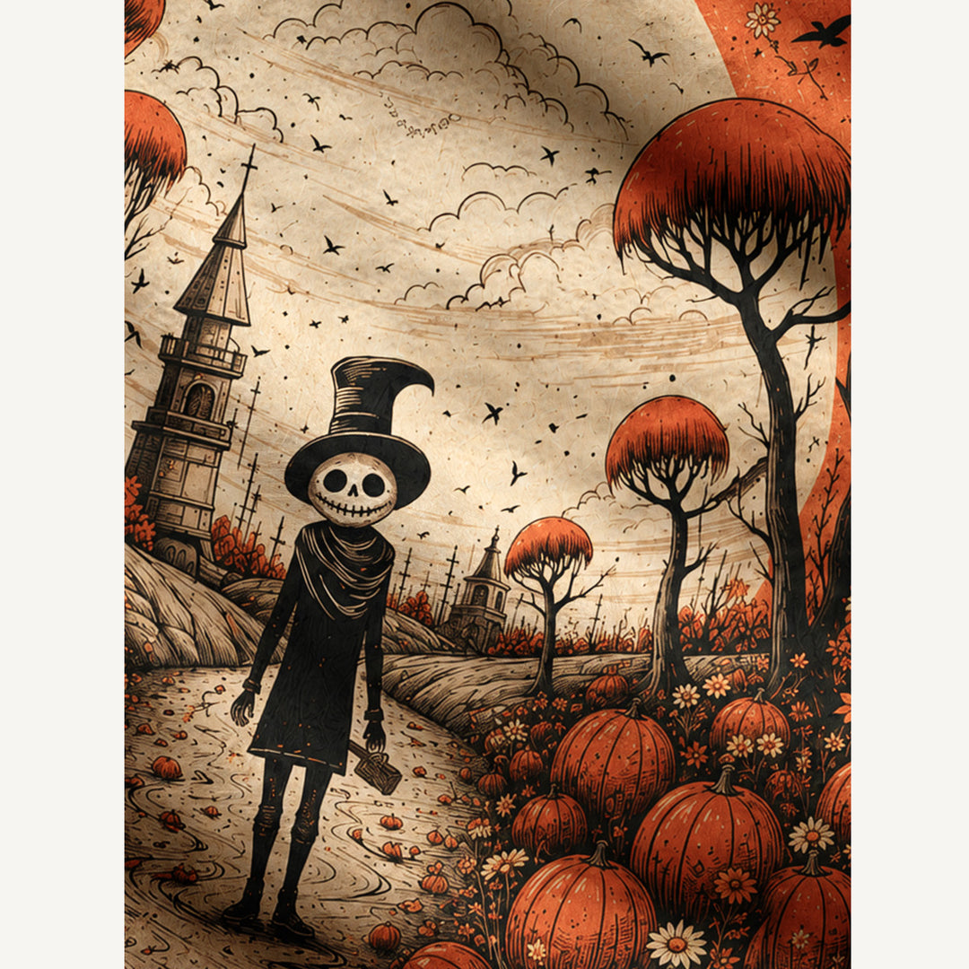 Cardigan lavorato a maglia con motivi di Halloween, zucche, scheletri e foreste