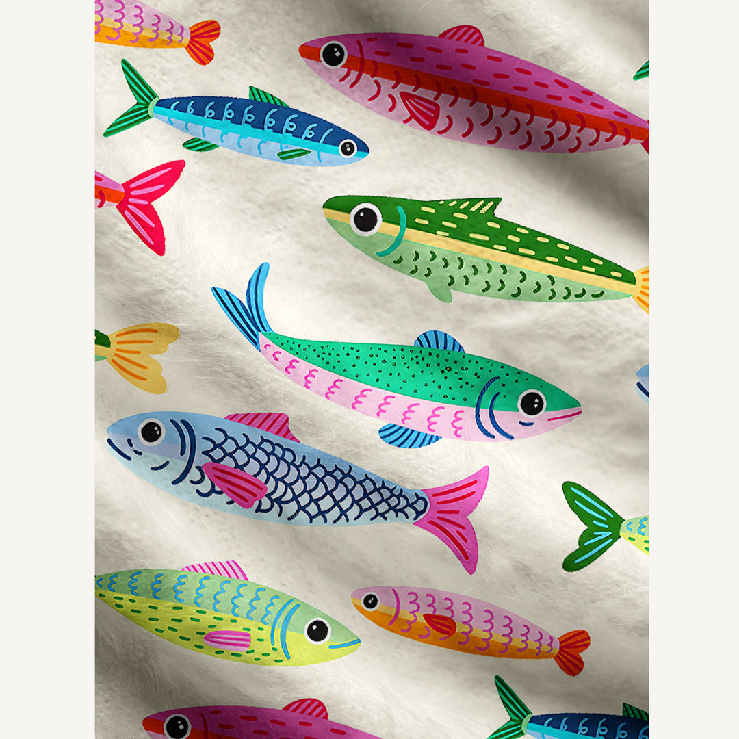Cardigan lavorato a maglia con sardine dai colori vivaci