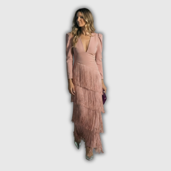 Clara | Abito Maxi Elegante con Maniche Lunghe e Frange