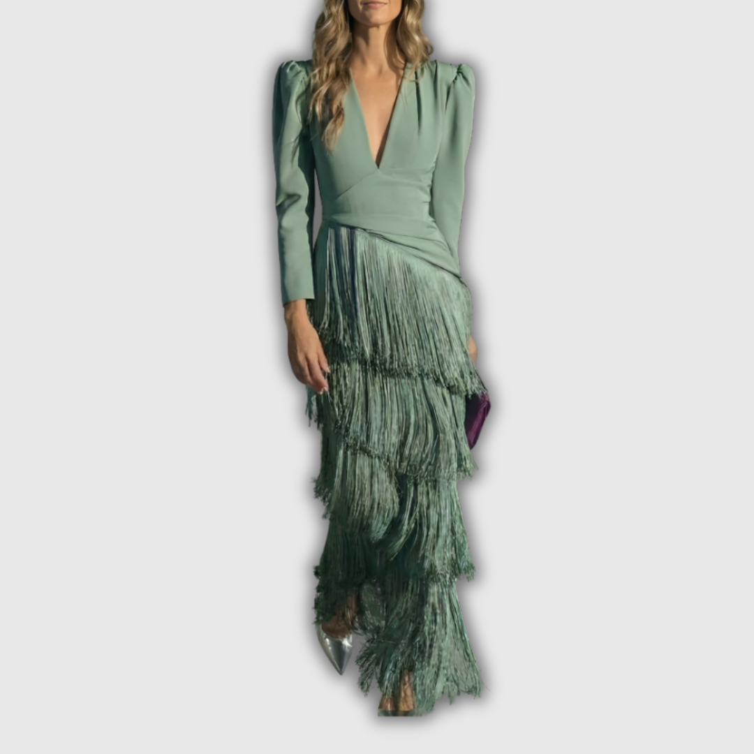 Clara | Abito Maxi Elegante con Maniche Lunghe e Frange