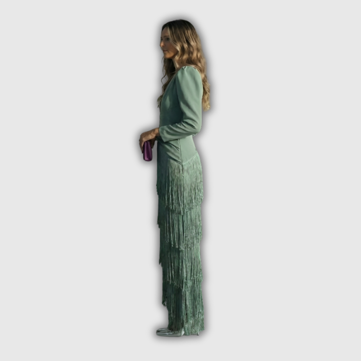 Clara | Abito Maxi Elegante con Maniche Lunghe e Frange