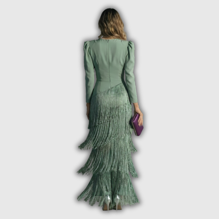 Clara | Abito Maxi Elegante con Maniche Lunghe e Frange