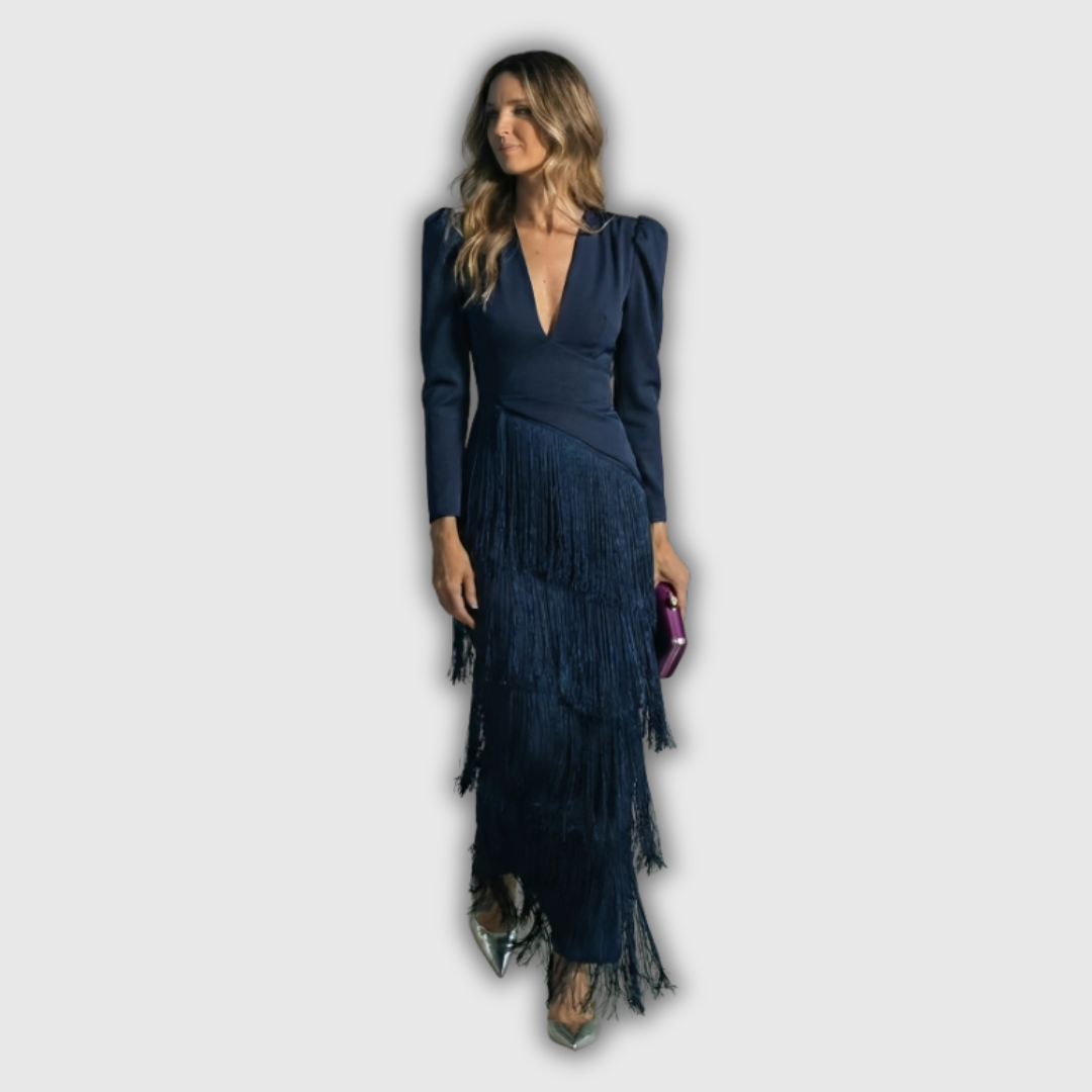 Clara | Abito Maxi Elegante con Maniche Lunghe e Frange