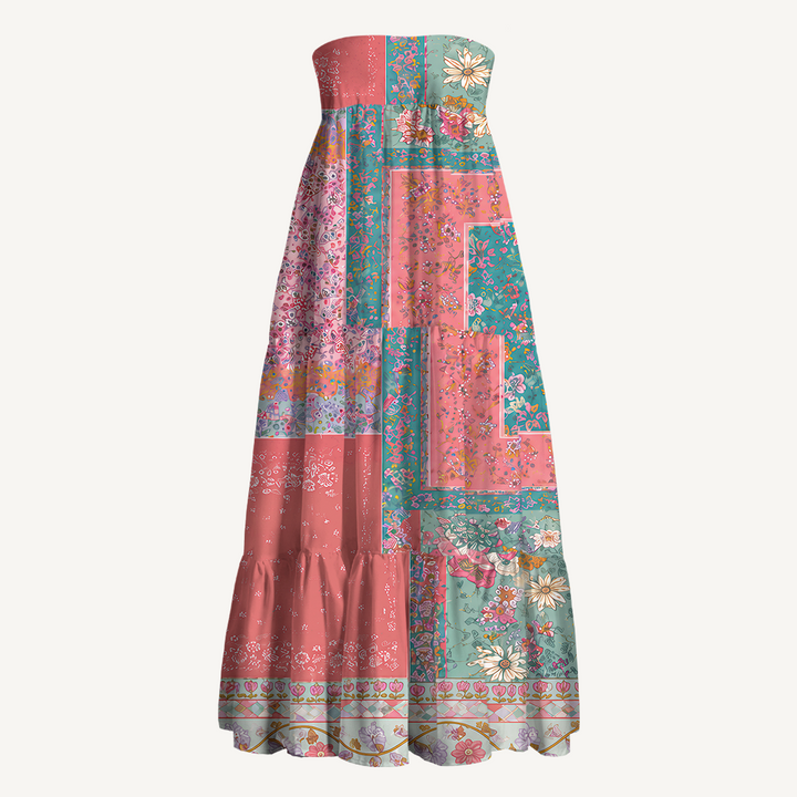 Gonna maxi trasformabile con stampa patchwork “Giardino corallo” e abito senza spalline