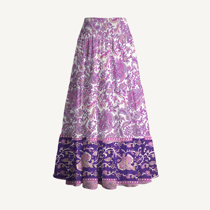 Gonna maxi trasformabile con stampa paisley “Giardino viola” e abito senza spalline