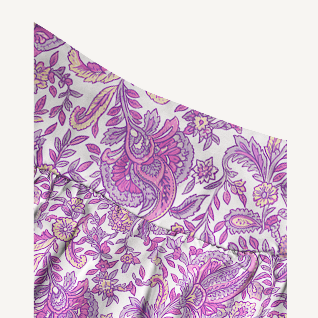 Gonna maxi trasformabile con stampa paisley “Giardino viola” e abito senza spalline