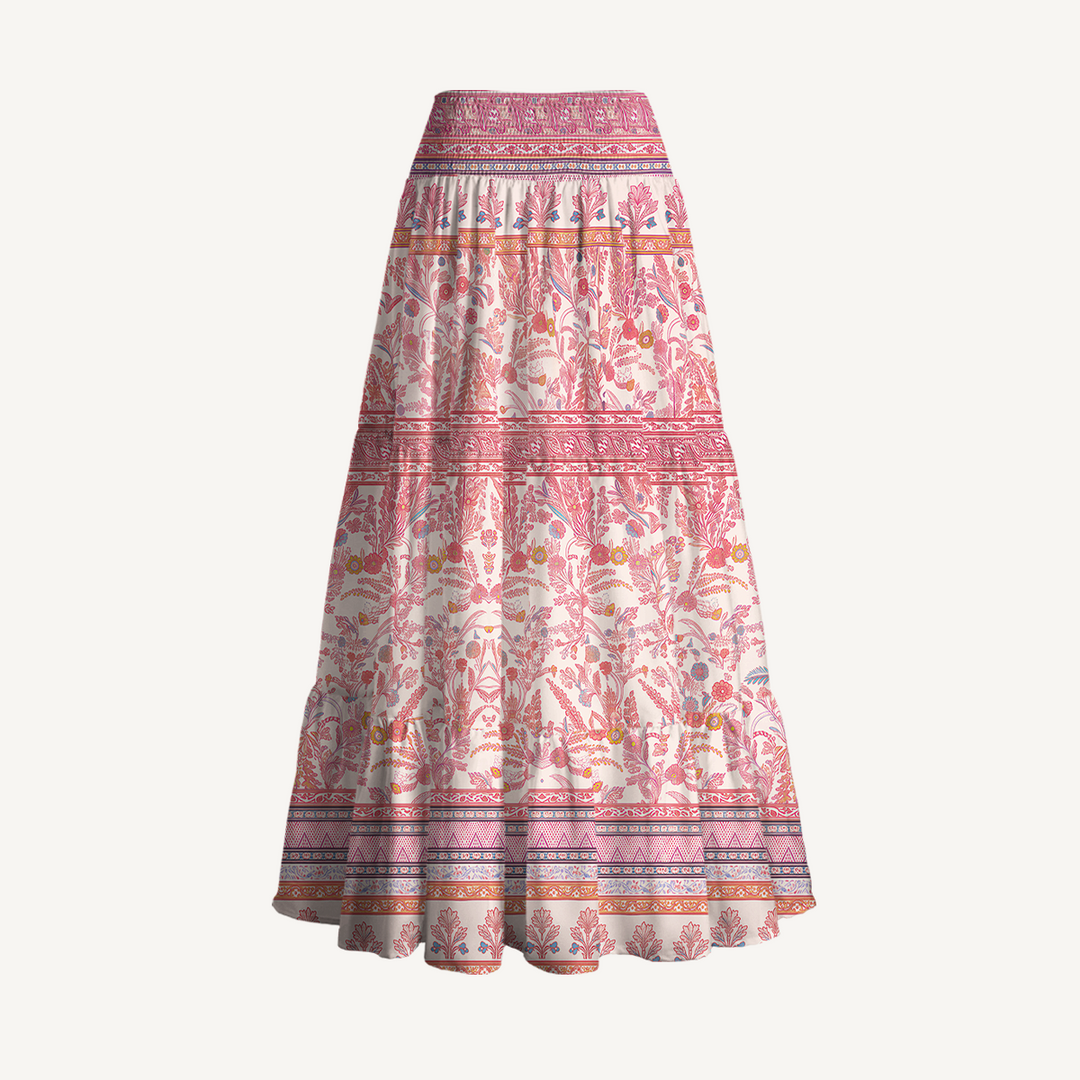 Gonna maxi trasformabile e abito senza spalline con stampa vintage a motivi floreali