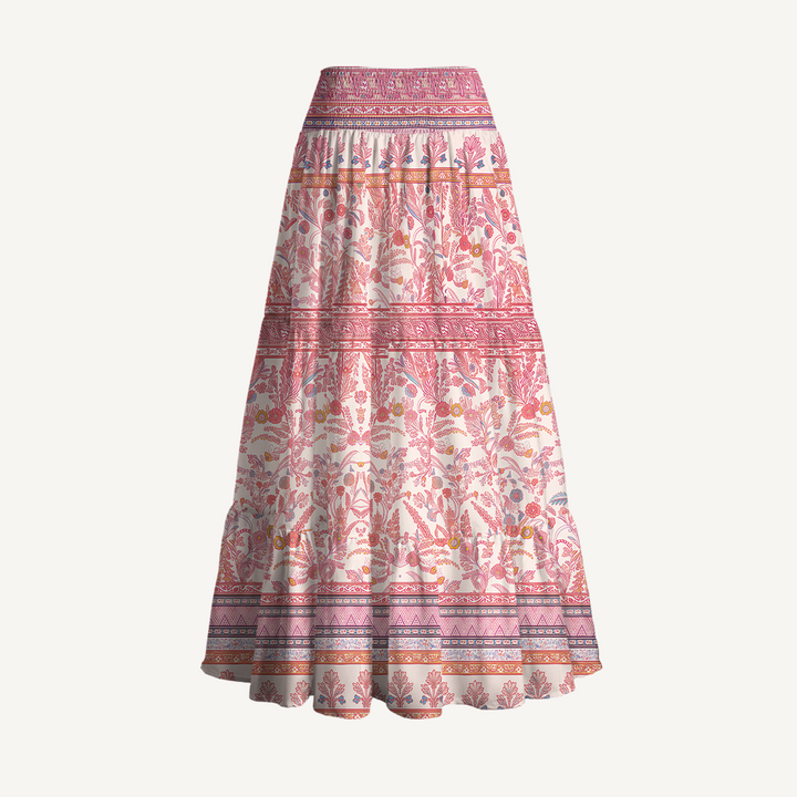 Gonna maxi trasformabile e abito senza spalline con stampa vintage a motivi floreali