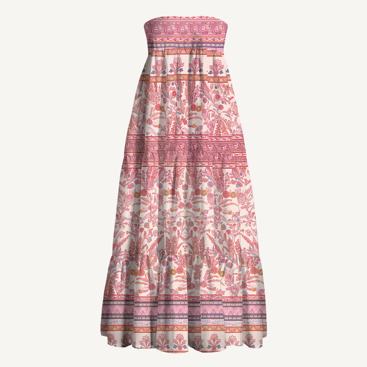 Gonna maxi trasformabile e abito senza spalline con stampa vintage a motivi floreali