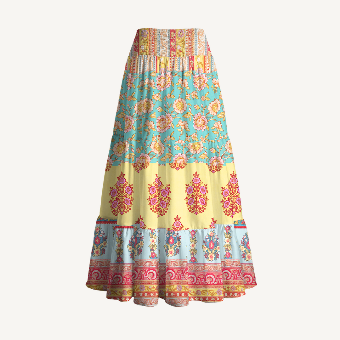 Gonna maxi trasformabile e abito senza spalline con motivo ispirato al Paisley