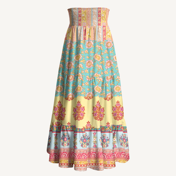 Gonna maxi trasformabile e abito senza spalline con motivo ispirato al Paisley