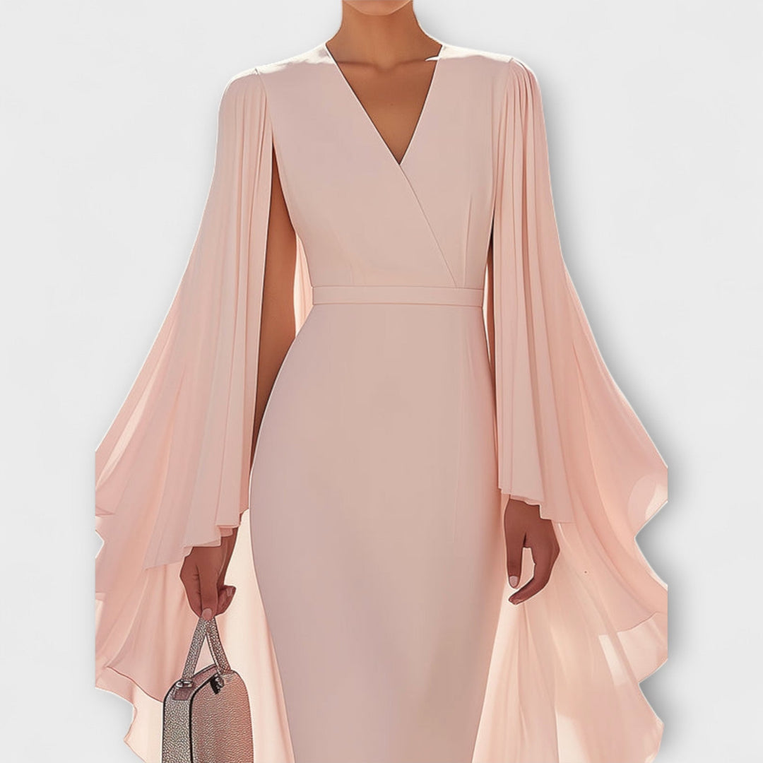 Rachel - Abito Midi Hellrosa con Scollatura a V e Maniche in Chiffon
