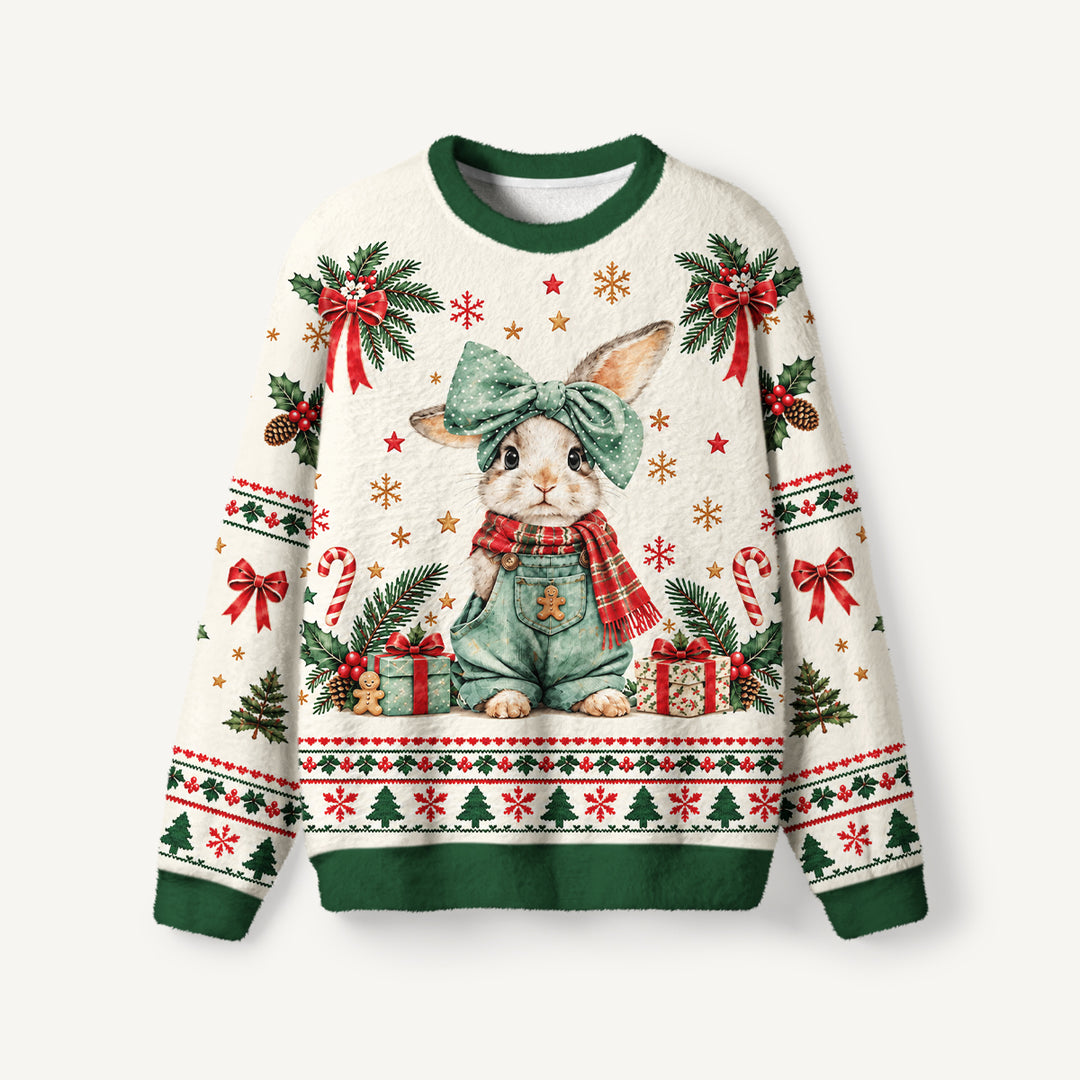 Maglione Natalizio Girocollo con Coniglietto e Agrifoglio