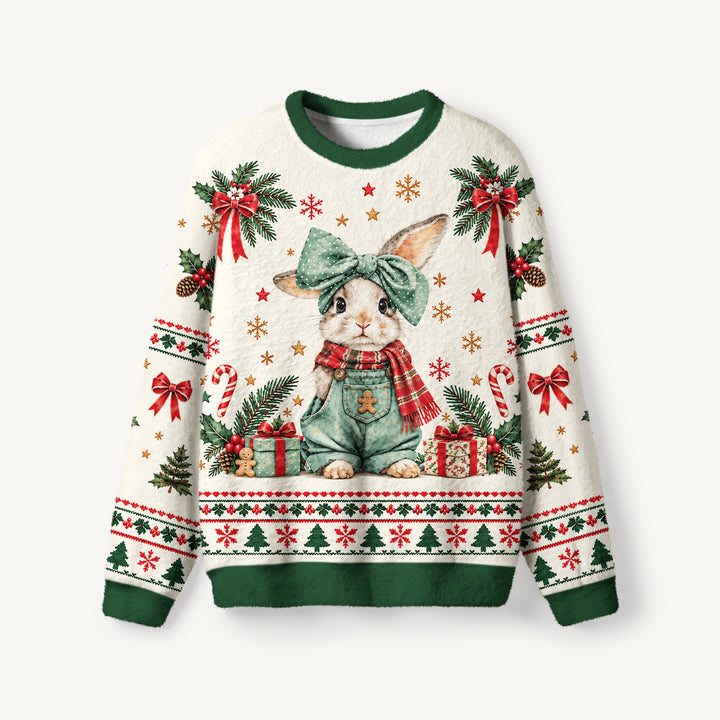 Maglione Natalizio Girocollo con Coniglietto e Agrifoglio