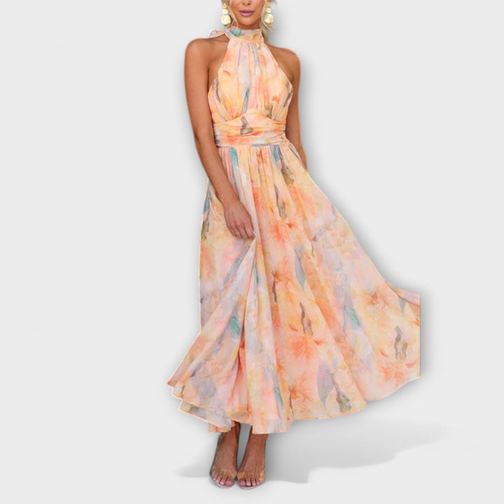 Abito Maxi con Stampa Acquerello e Scollo All&