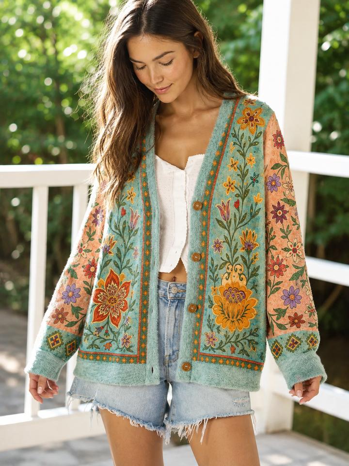 Cardigan vintage con bottoni e motivo floreale da giardino
