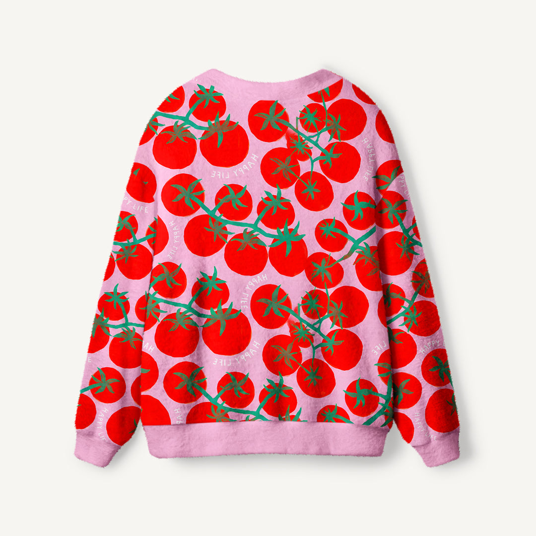 Cardigan lavorato a maglia con pomodori e motivi ispirati all’orto