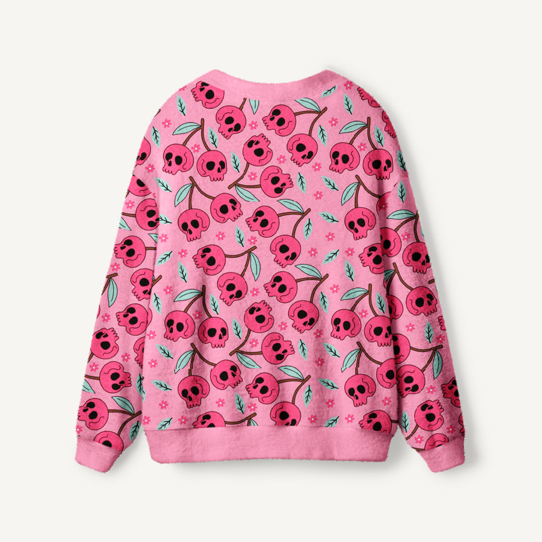 Cardigan lavorato a maglia a tema Halloween con motivo di teschi rosa e fiori