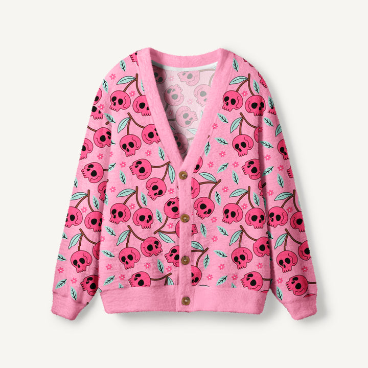Cardigan lavorato a maglia a tema Halloween con motivo di teschi rosa e fiori