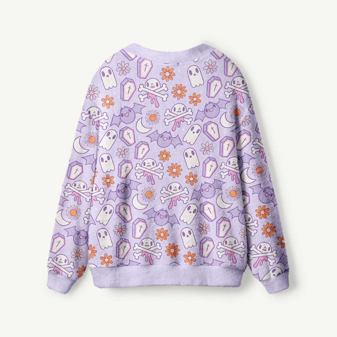 Cardigan in maglia stile boho per Halloween con motivo “giardino di lavanda e fantasma”