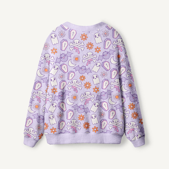 Cardigan in maglia stile boho per Halloween con motivo “giardino di lavanda e fantasma”