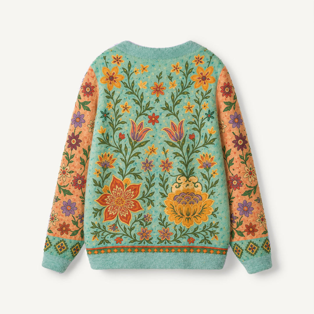 Cardigan vintage con bottoni e motivo floreale da giardino
