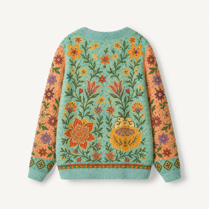Cardigan vintage con bottoni e motivo floreale da giardino